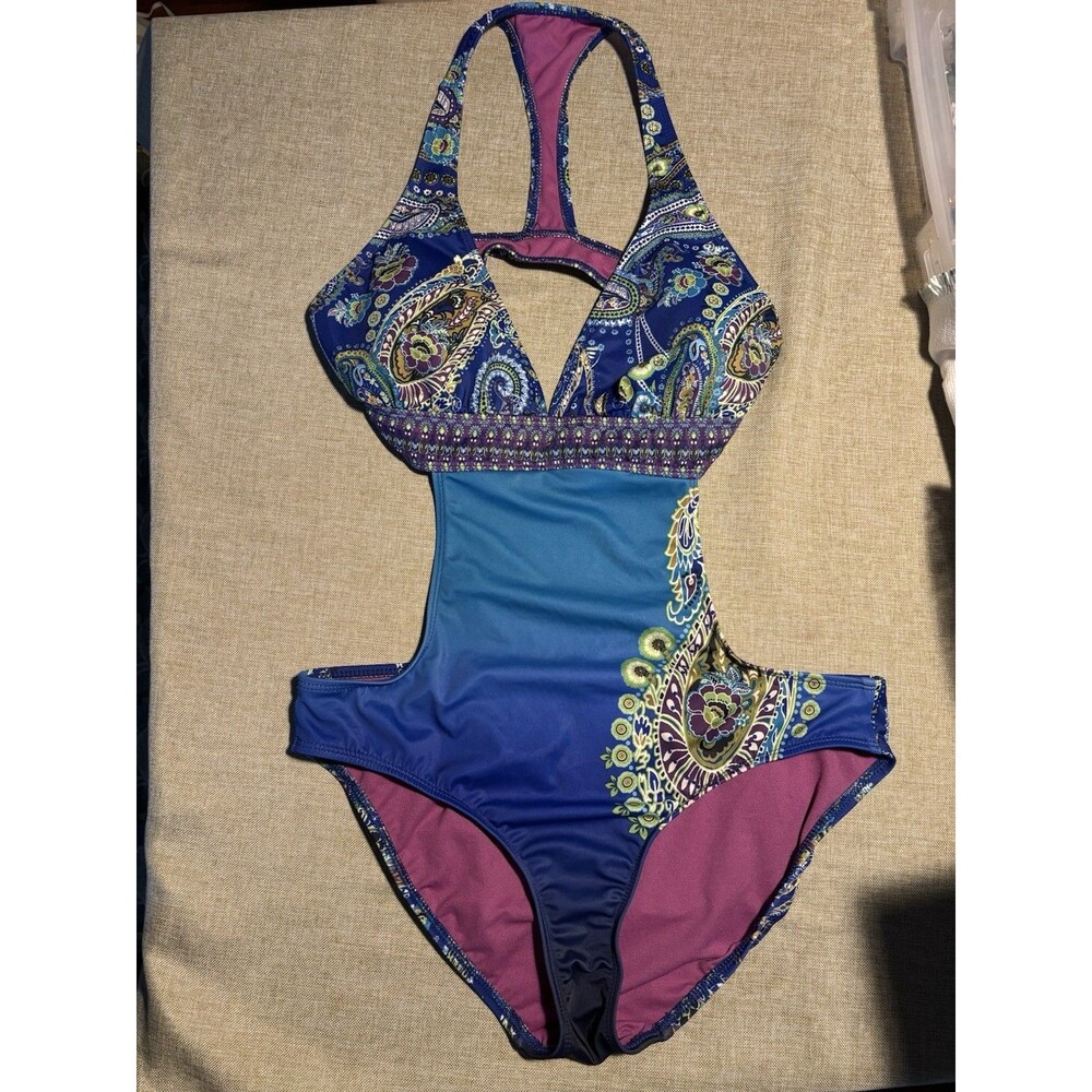 Athleta Swimsuit One Piece Side Cut Out Bikini Paisley Purple Blue Resort Boho L